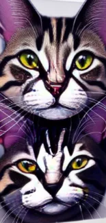 Vibrant artistic wallpaper with two cats and a purple color scheme.