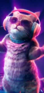 Funky cat DJ with headphones and neon lights.