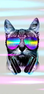 Cat wearing colorful sunglasses and headphones on gray background.