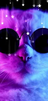 Funky cat in sunglasses with neon pink and blue colors.