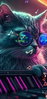 Cool cat with neon glasses playing keyboard in a vibrant setting.