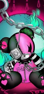 Cyberpunk panda with neon magenta and green accents in a grunge style.