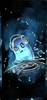 DJ ghost spinning tunes with a cosmic blue background on phone wallpaper.