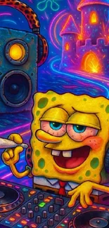 Funky SpongeBob DJ with neon colors and speakers.