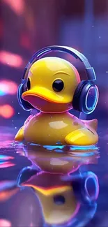 Yellow cartoon duck with headphones on water.