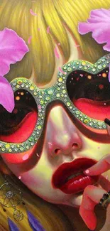 Artistic portrait with vibrant heart-shaped sunglasses and pink orchids.