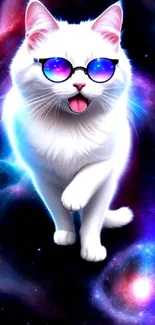 White cat with sunglasses in a colorful galaxy background.