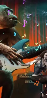 Gorilla playing guitar with colorful music notes in vibrant wallpaper.