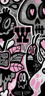 Funky graffiti wallpaper with pink and black cartoon characters.