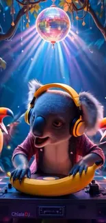 Animated koala DJ with disco theme background.