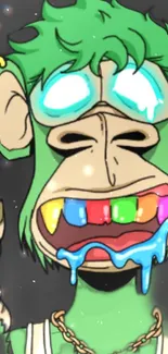 Funky cartoon monkey with colorful teeth and green fur.