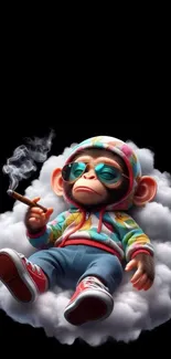 Funky monkey in colorful hoodie relaxing on a cloud with a cigar, set against black.