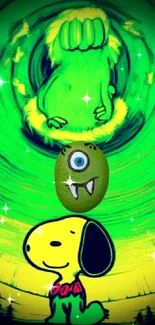 Vibrant cartoon wallpaper with monster and dog in lime green theme.