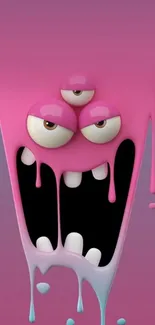 Vibrant pink monster cartoon with dripping effects for mobile wallpaper.