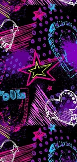 Funky purple neon hearts and stars wallpaper.