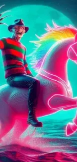 Neon skeleton riding a vibrant unicorn