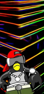 Hip-hop penguin with neon stripes background wallpaper.