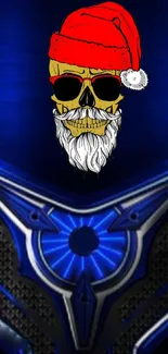 Funky Santa skull on blue cyber background mobile wallpaper.