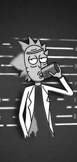 Animated scientist drinking in black and white wallpaper.