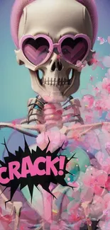 Mobile wallpaper with a skeleton, pink heart glasses, and flowers.