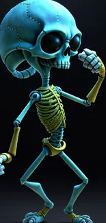 Funky blue skeleton with a dark background.