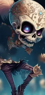 Funky skull art with blue accents on a mobile wallpaper.