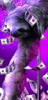 Sloth pole-dances with falling dollar bills on a purple background.