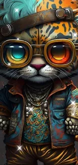 Funky steampunk cat with glasses and vibrant colors.