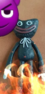 Funky toy character with flames background on mobile.