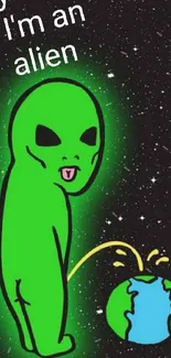 Quirky alien with Earth on a starry background, mobile wallpaper.