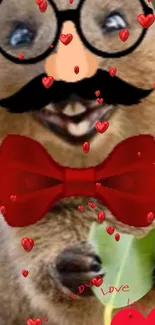 Funny quokka with glasses, mustache, and hearts.