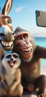 Three animated animals taking a selfie on a beach.