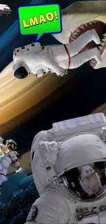 Humorous space scene with astronauts and a shark near Saturn.