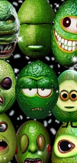 Cartoon avocado characters with funny expressions on black background.