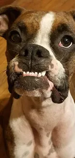 Funny Boxer dog with unique teeth and expressive face on a wooden floor.