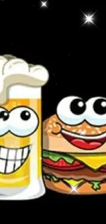 Cartoon burger and beer taking a selfie on a black background.