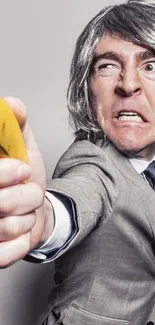 Man in business suit brandishing a banana.