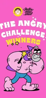 Cartoon character angry challenge winners on pink background.