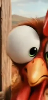 Cartoon chicken peeking from behind barn door.