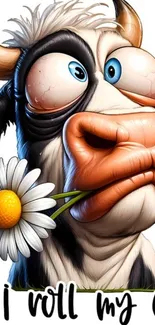 Funny cartoon cow holding a daisy flower.
