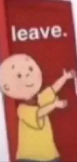 Cartoon character pointing to a red 'leave' door.