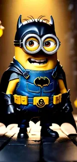 Minion dressed as superhero in colorful wallpaper.