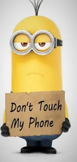 Yellow cartoon character with a 'Don't Touch My Phone' sign on a mobile wallpaper.