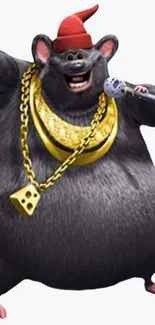 Cartoon rat holding a microphone with gold chains.