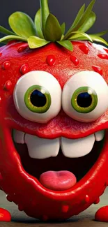 Funny cartoon strawberry with big eyes and a playful smile.