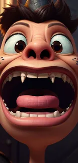 Cartoonish face with big eyes and teeth, vibrant and playful for mobile screen.