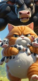 Funny cat holding toy cows with a cow in background, cartoon style.