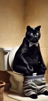 Black cat with bow tie sitting in bathroom with pants down.
