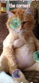 Funny cat relaxing on a couch with humorous text about bikini season.