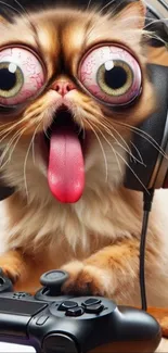 Cartoon cat gaming with a controller and headphones.